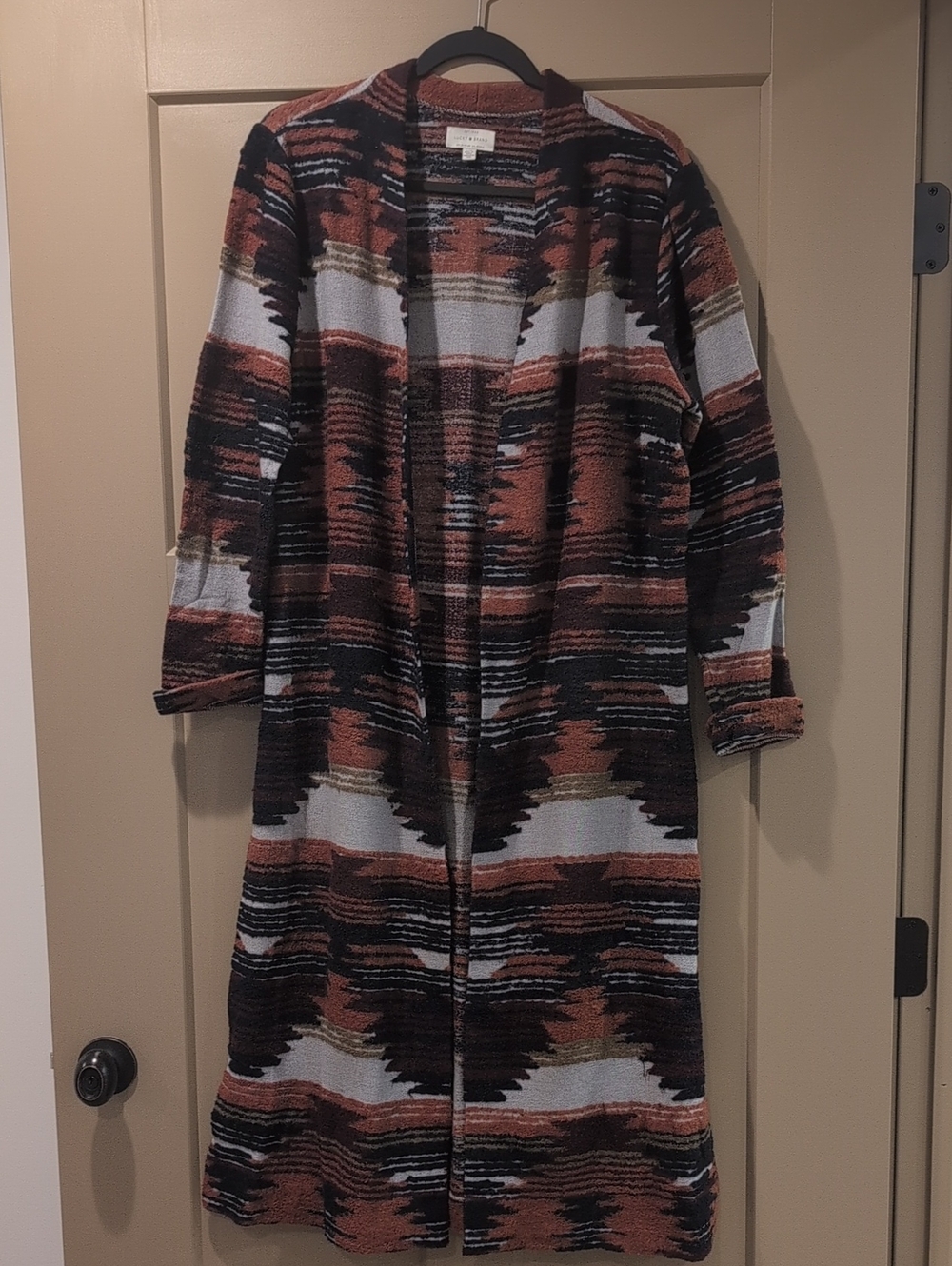 Lucky Brand Long Open-Front Cardigan Dress in Rust, Dark Blue and Maroon